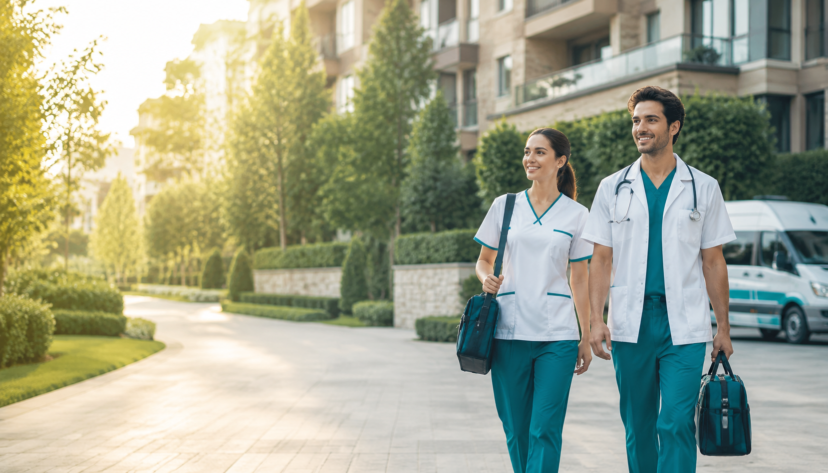 Site içinde yürüyen güler yüzlü doktor ve hemşire ekibi