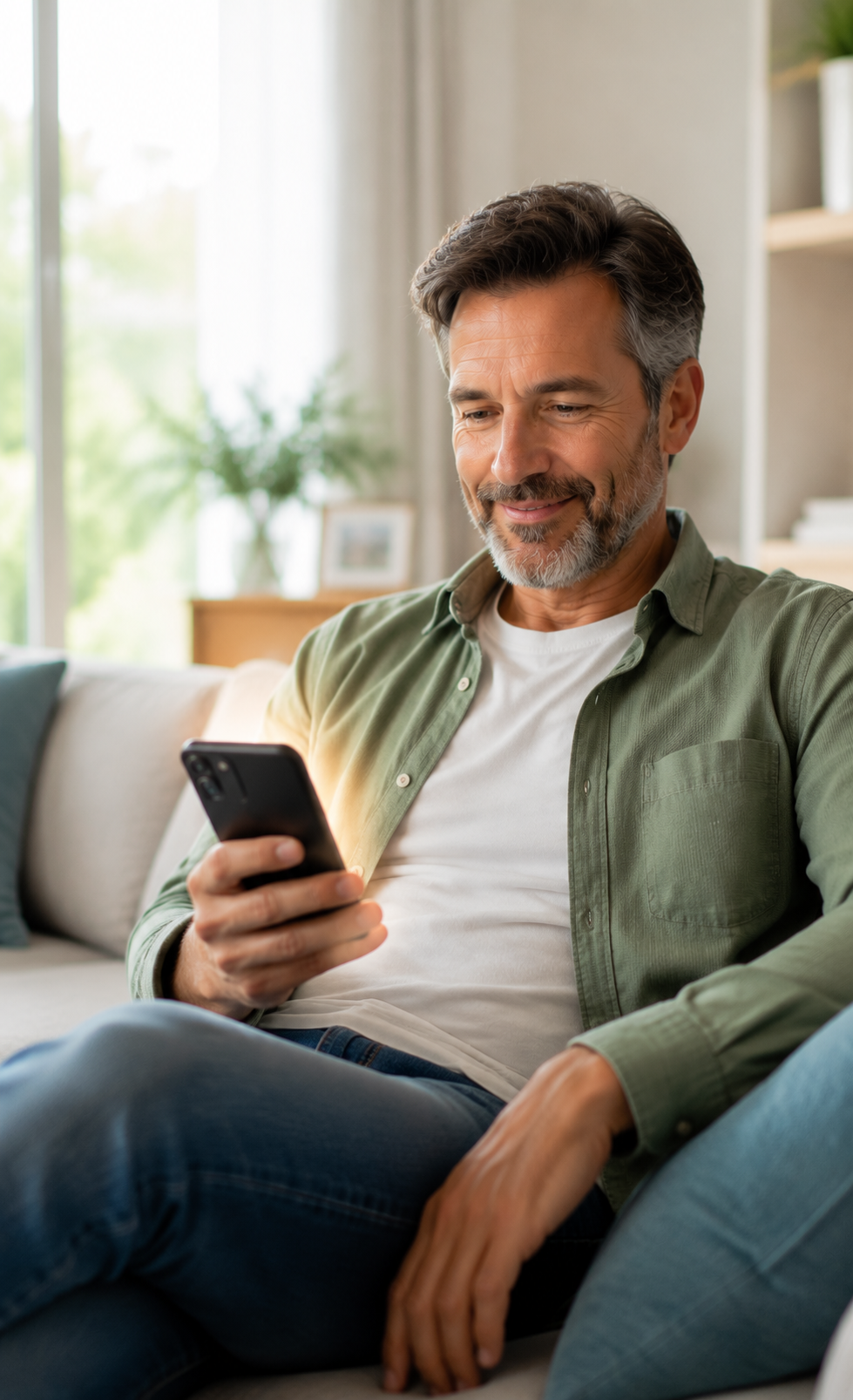 Evinde telefonuyla uygulamaya bakan bir kişi