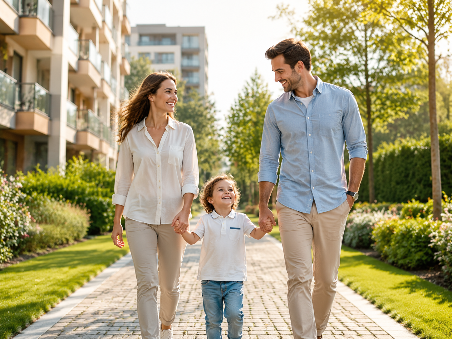 Modern bir sitenin bahçe yolunda yürüyen mutlu bir aile